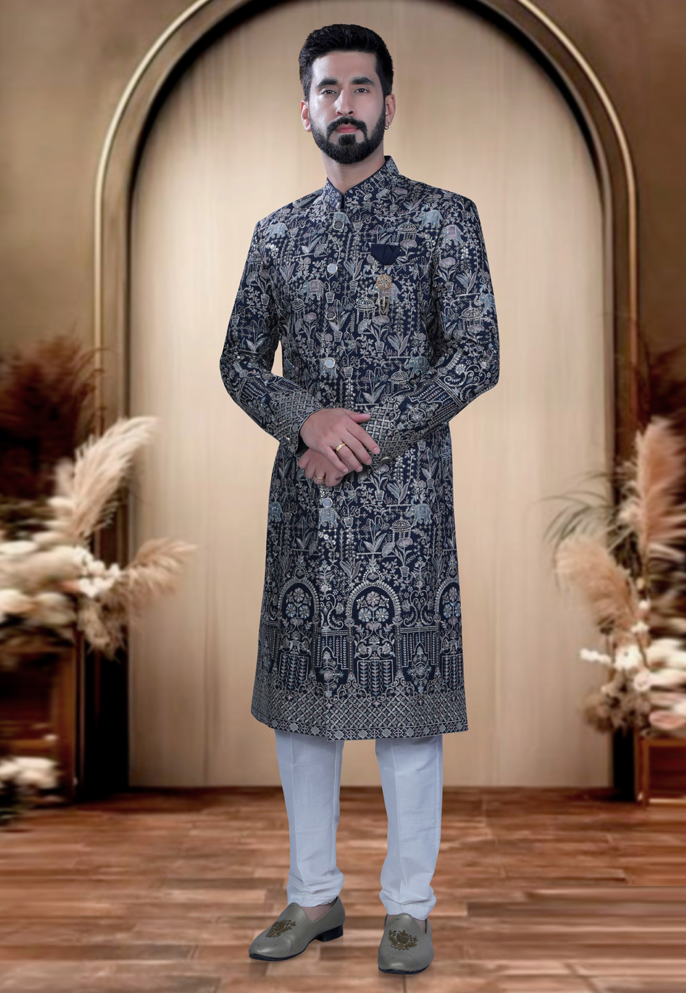 Navy Blue Rayon Pakistani Sherwani 319663