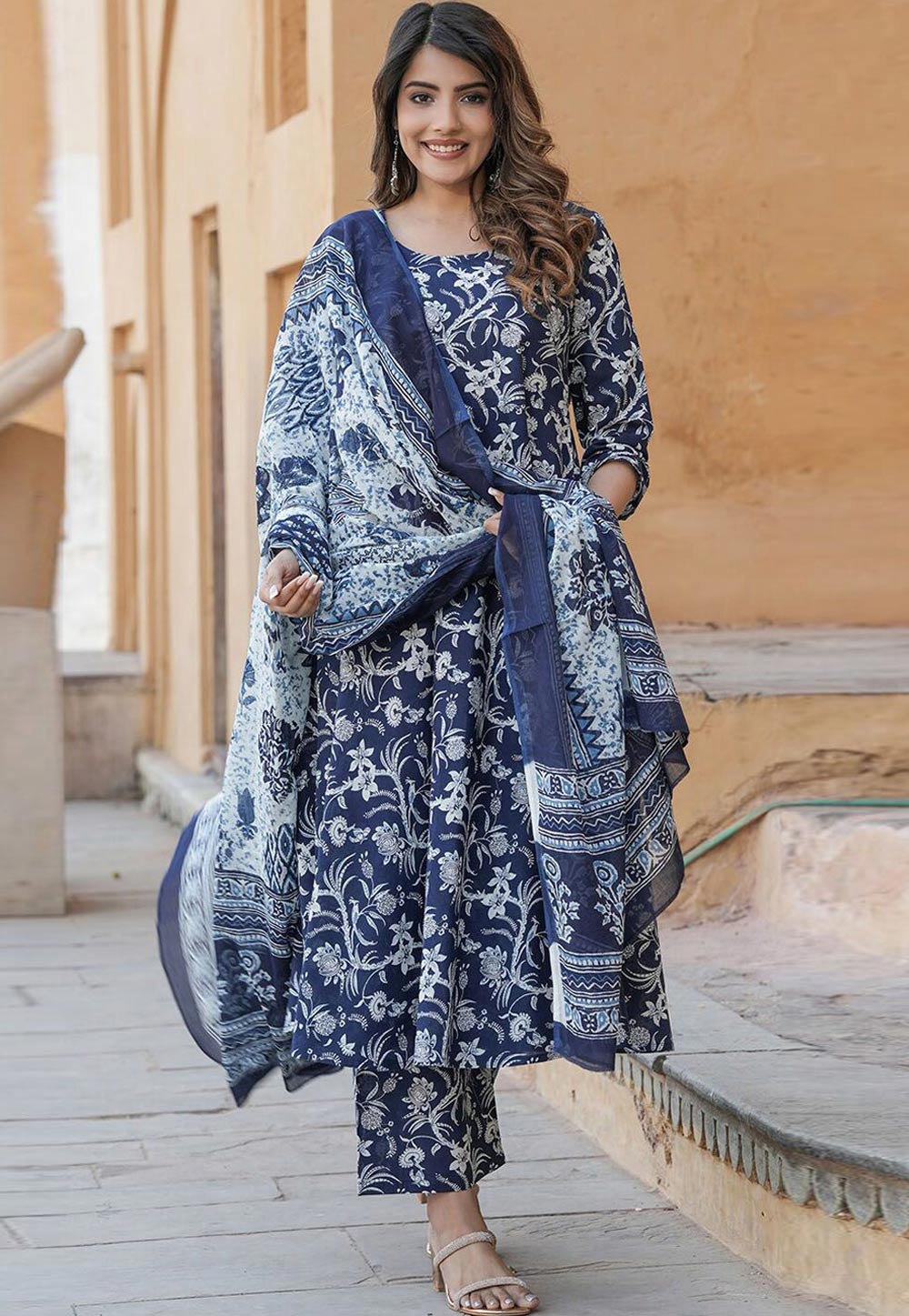 Navy Blue Rayon Readymade Anarkali Suit 321489