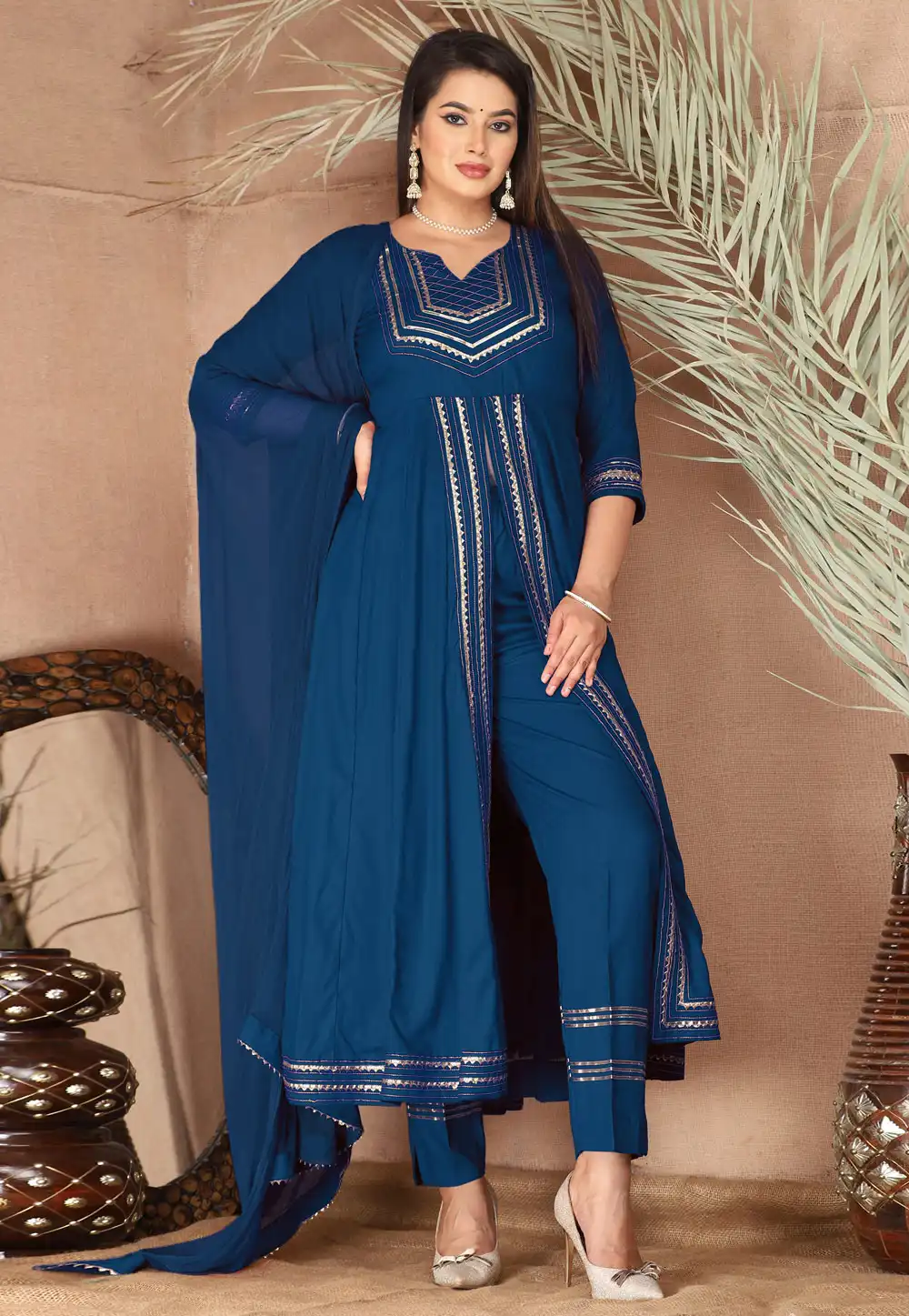 Navy Blue Rayon Readymade Center Slit Anarkali Suit 309290
