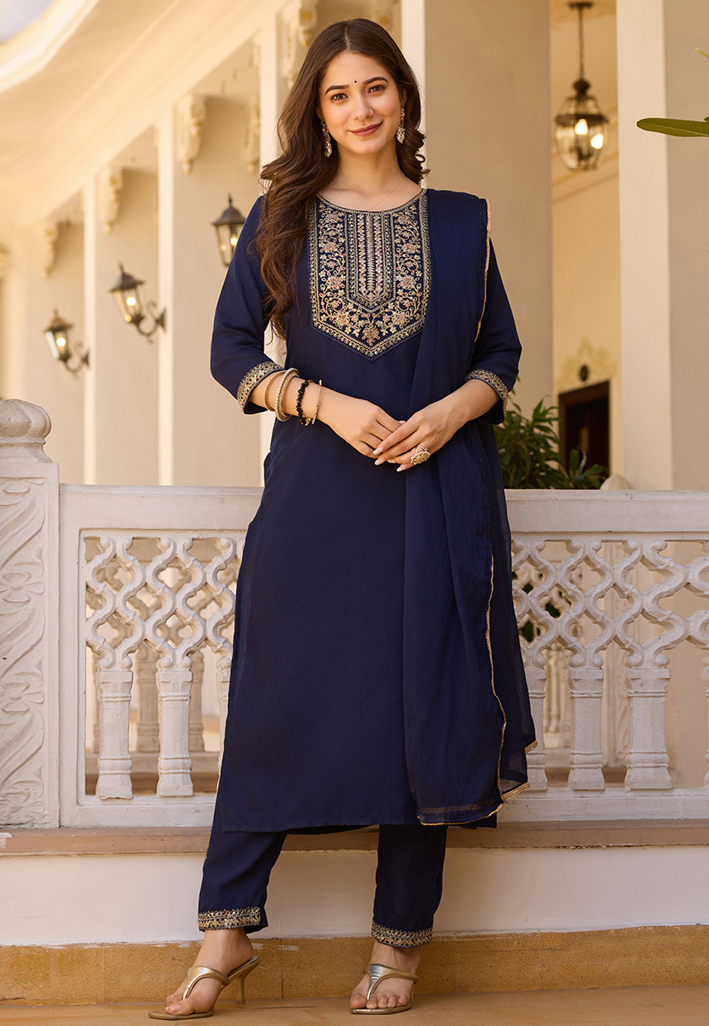 Navy Blue Rayon Readymade Pakistani Suit 308105