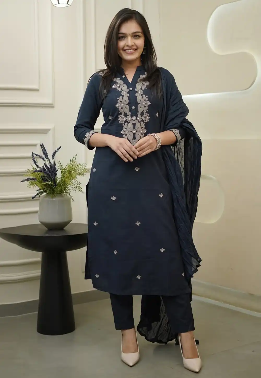Navy Blue Rayon Readymade Pakistani Suit 319314