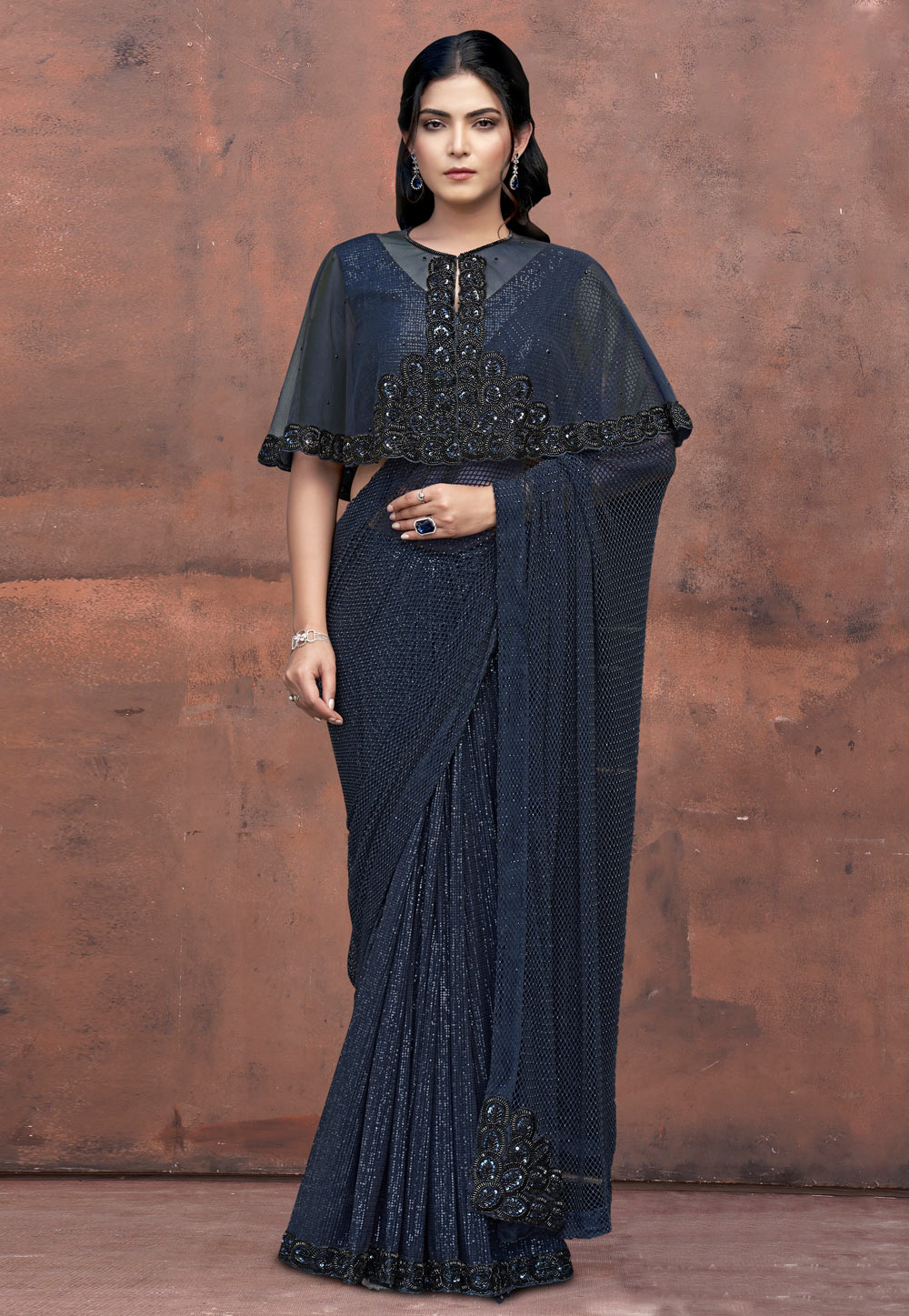 Navy Blue Satin Designer Saree 320332