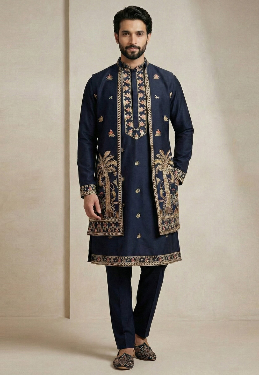 Navy Blue Satin Indo Western Suit 324593