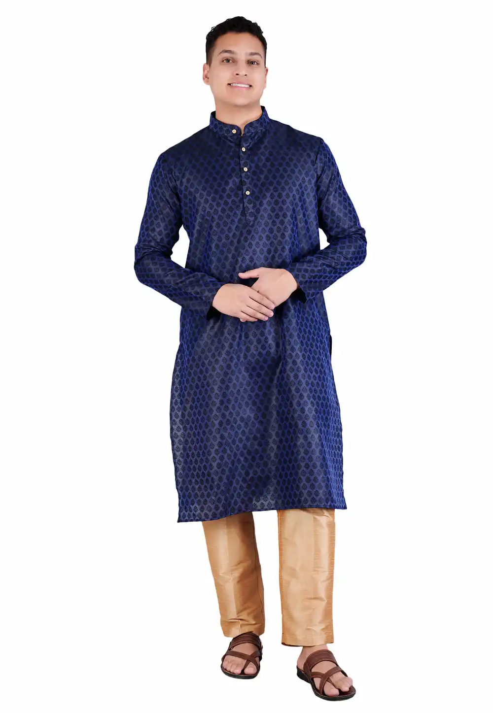 Navy Blue Satin Jacquard Kurta Pajama 278241