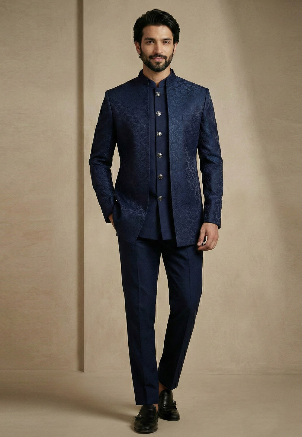 Navy Blue Satin Jodhpuri Suit 324112