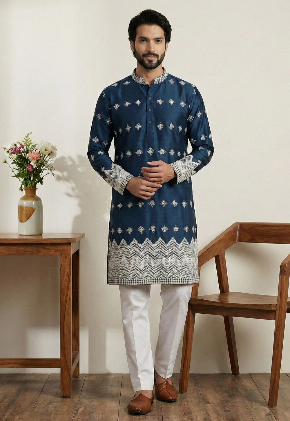 Navy Blue Satin Kurta Pajama 324319