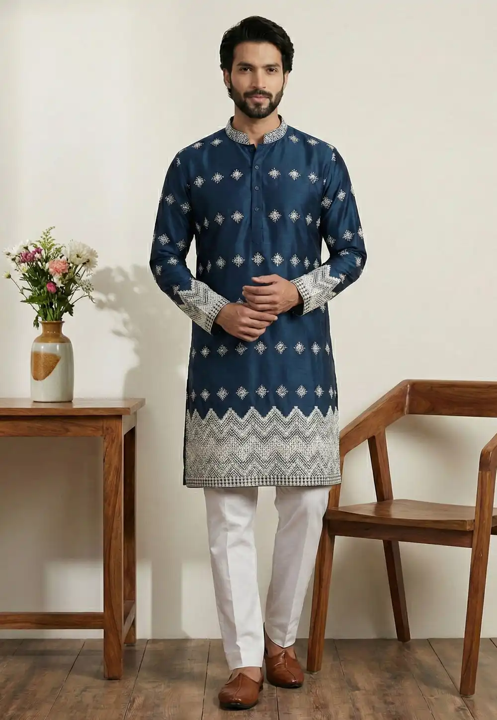 Navy Blue Satin Kurta Pajama 324319