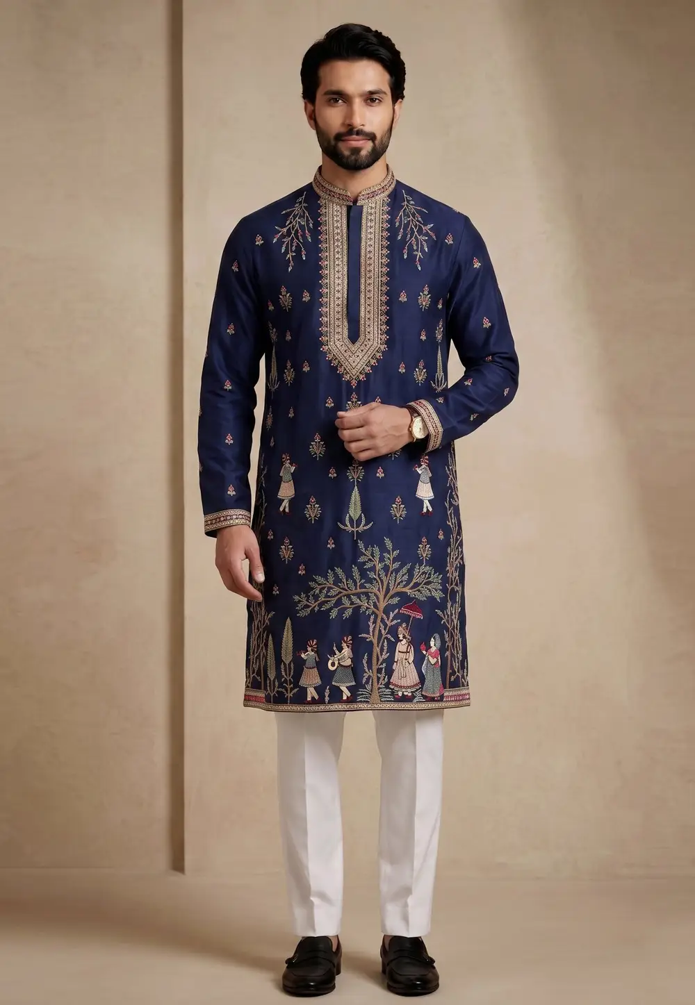Navy Blue Satin Kurta Pajama 334102