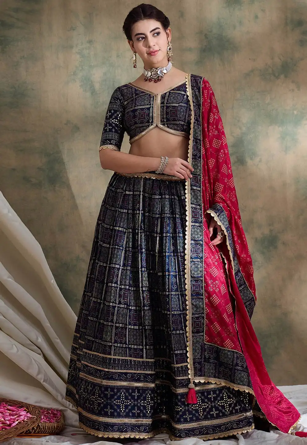 Navy Blue Satin Lehenga Choli 313926