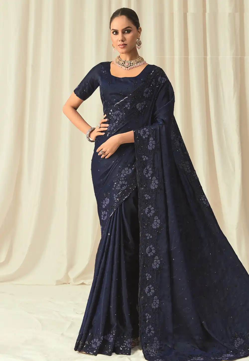 Navy Blue Satin Saree With Blouse 315502