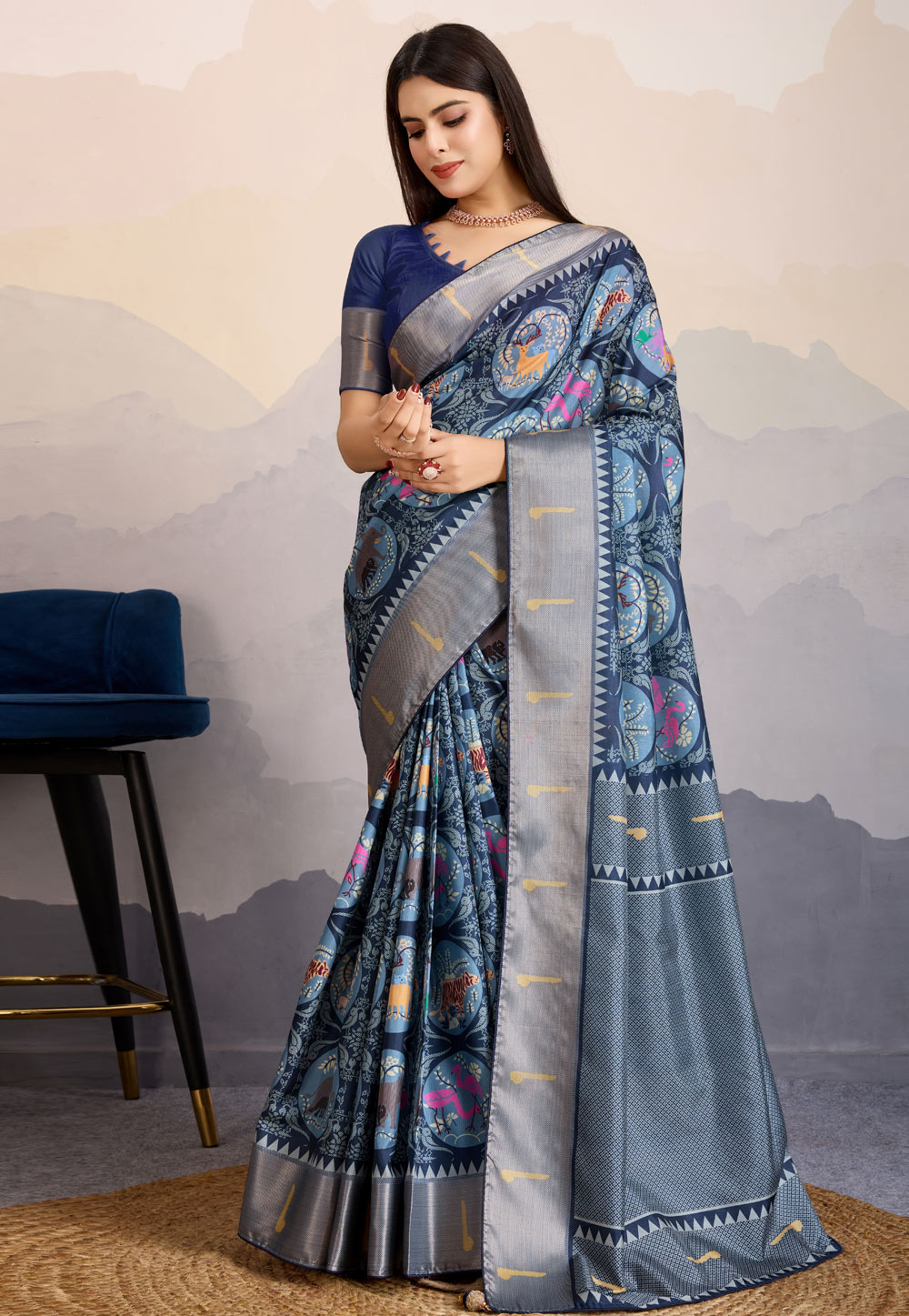 Navy Blue Satin Saree With Blouse 308246
