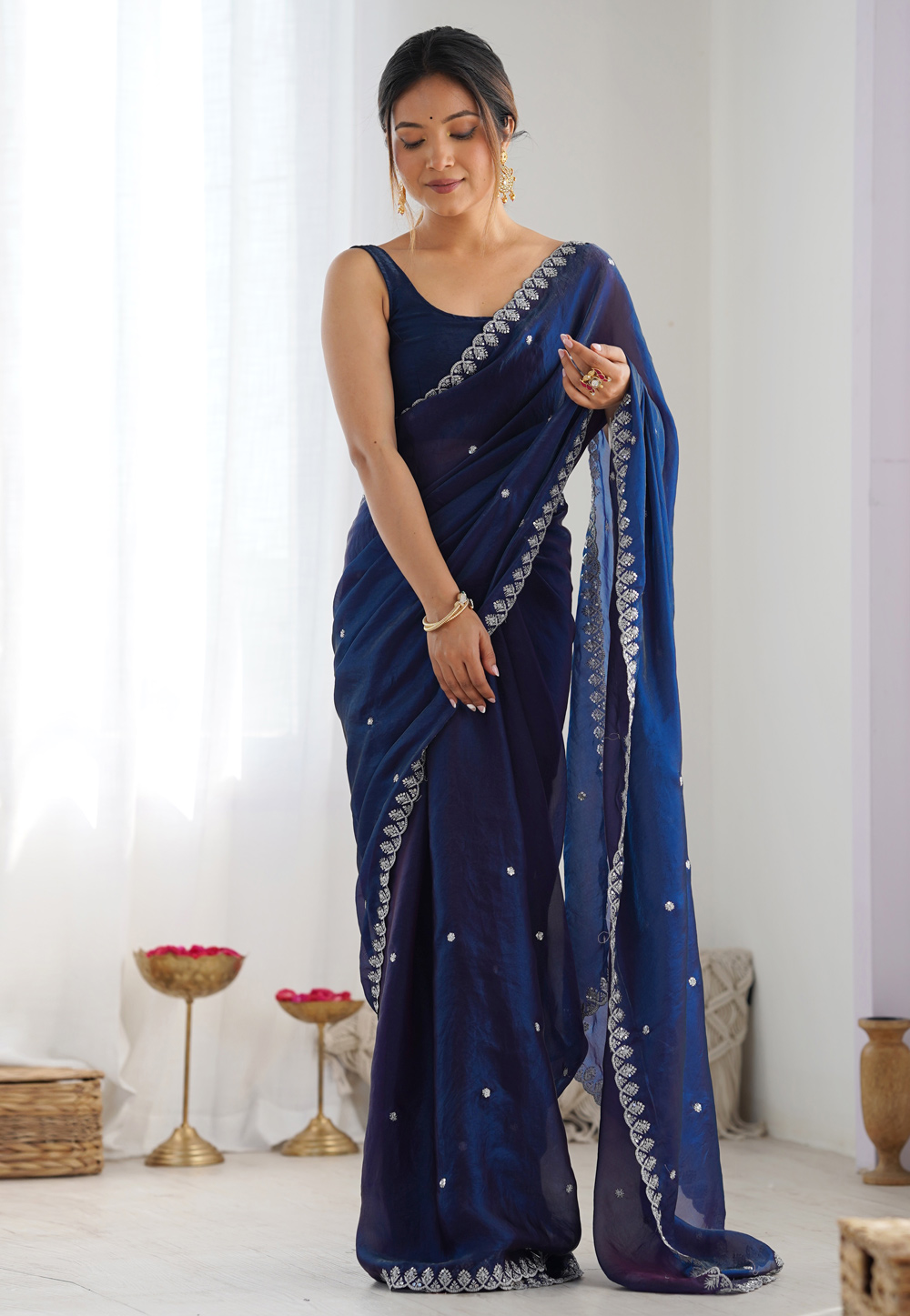 Navy Blue Satin Saree With Blouse 325655