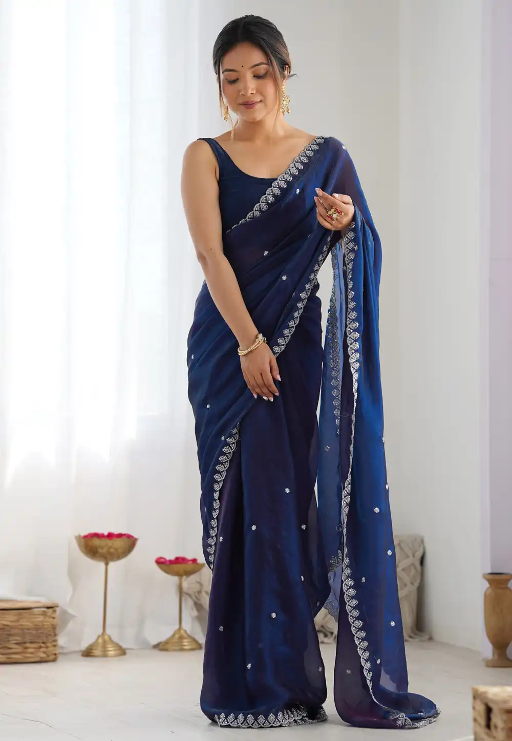 Navy Blue Satin Saree With Blouse 325655