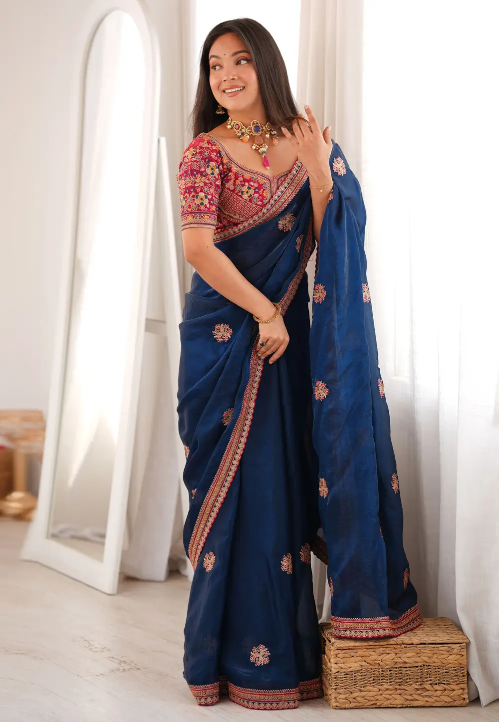 Navy Blue Satin Saree With Blouse 332428