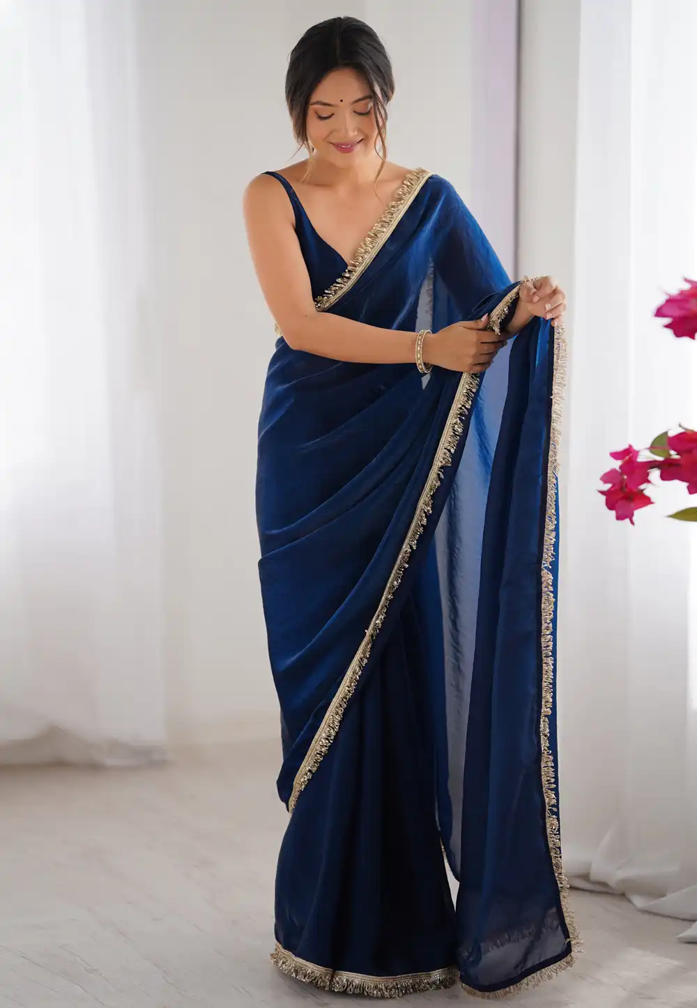 Navy Blue Satin Saree With Blouse 314257