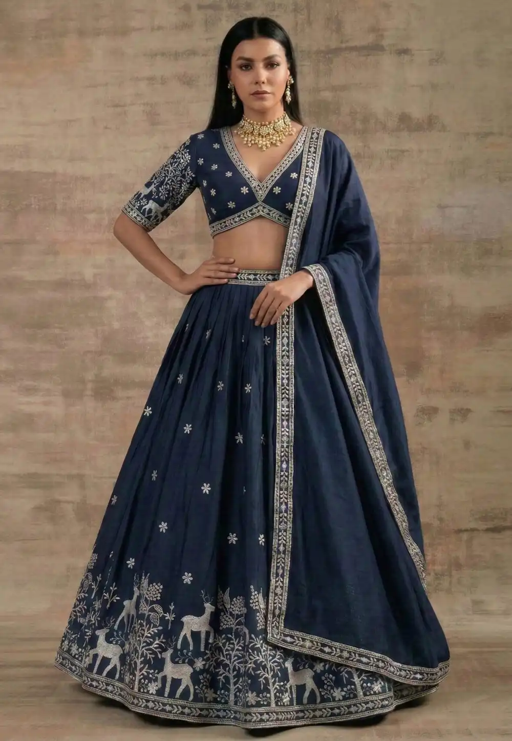 Navy Blue Satin Silk Circular Lehenga Choli 327965