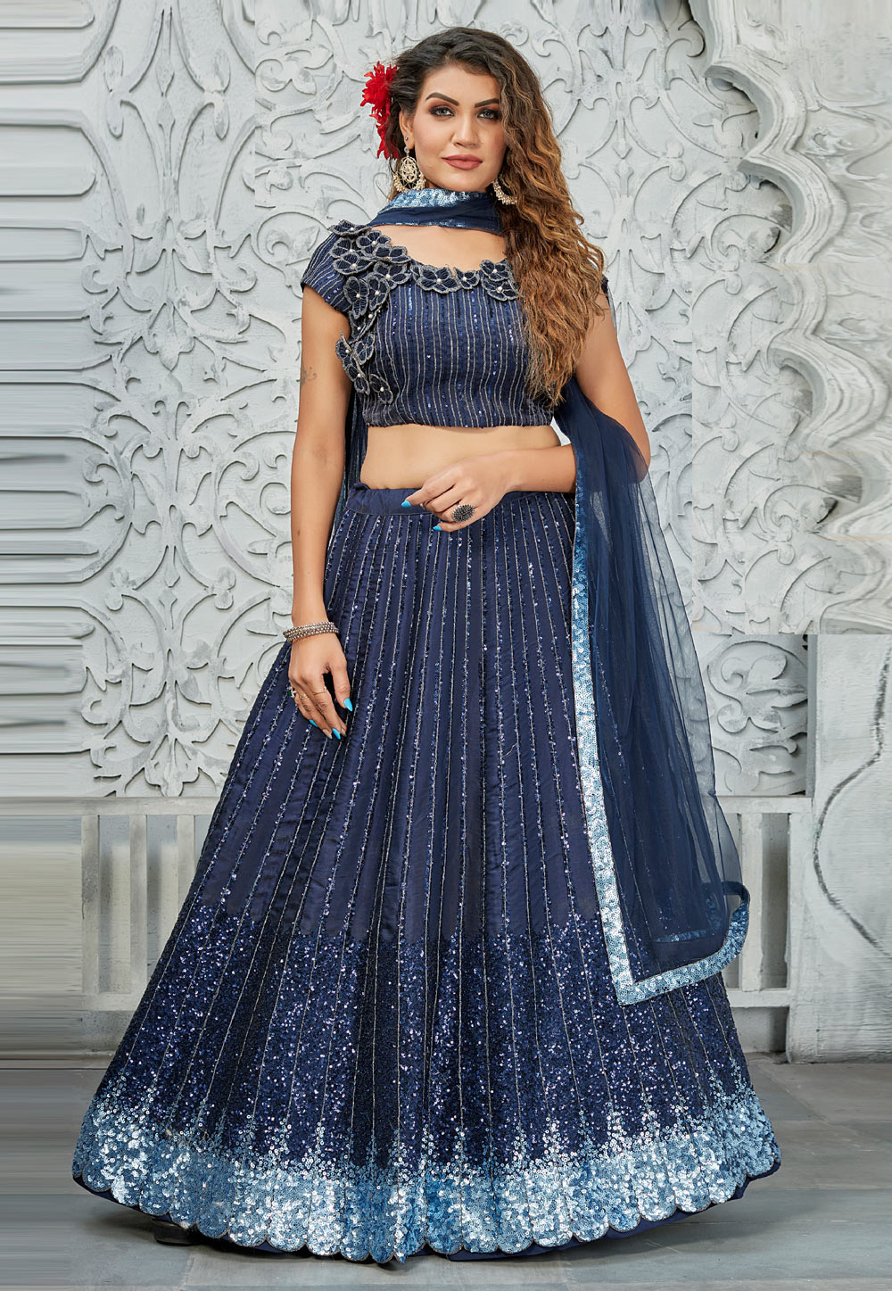 Navy Blue Satin Silk Circular Lehenga Choli 308430