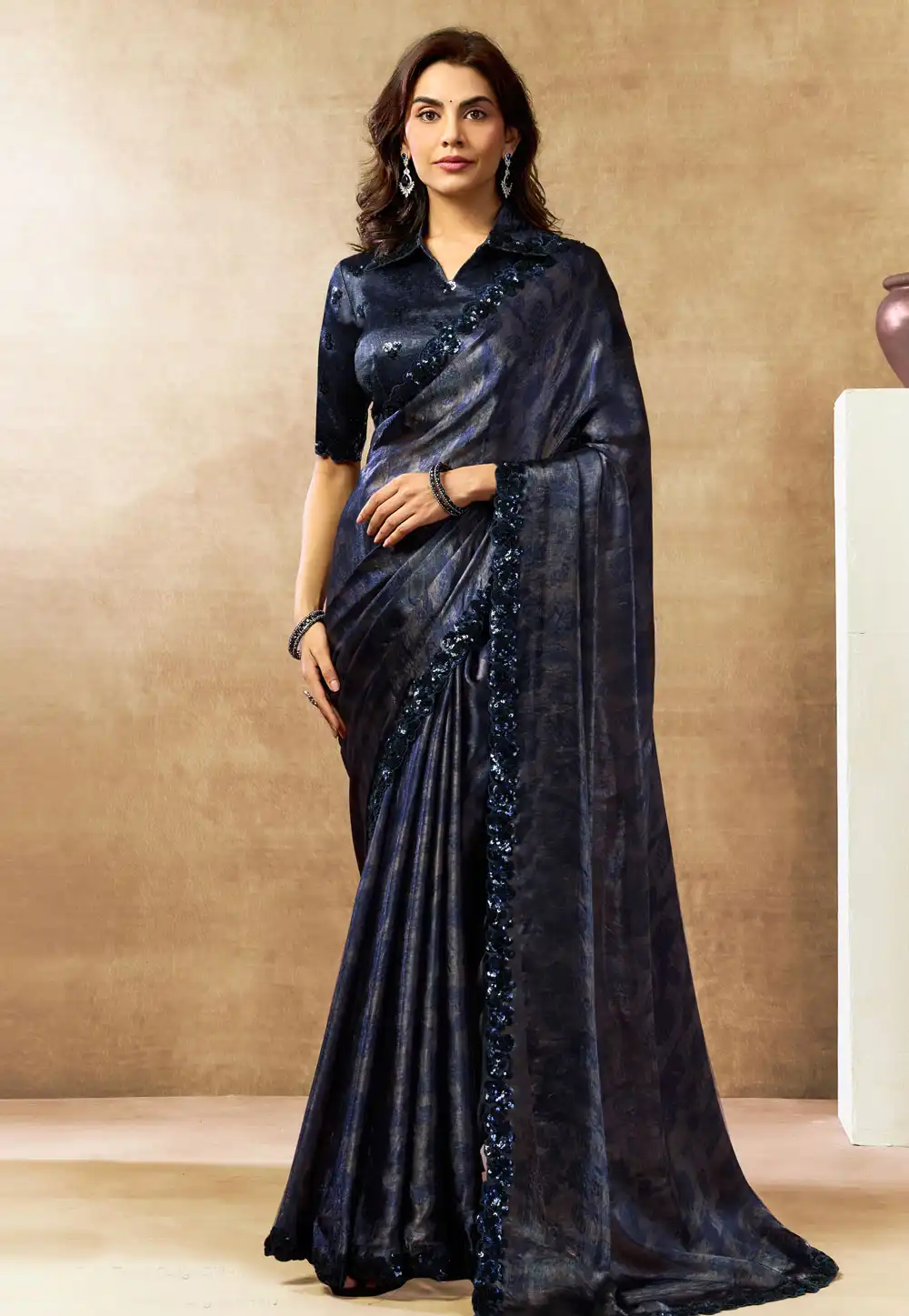 Navy Blue Satin Silk Saree With Blouse 328483