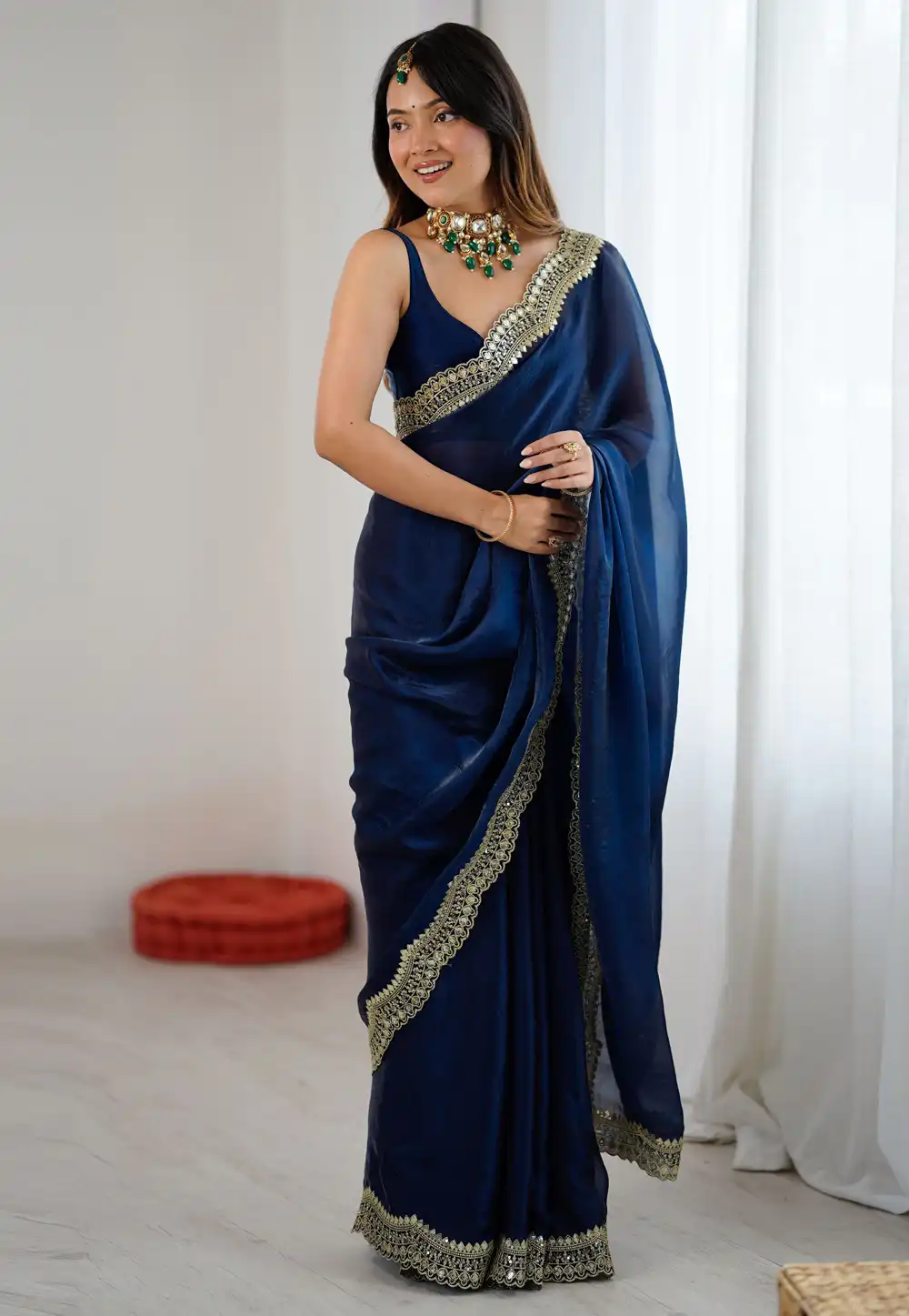 Navy Blue Satin Silk Saree With Blouse 326713