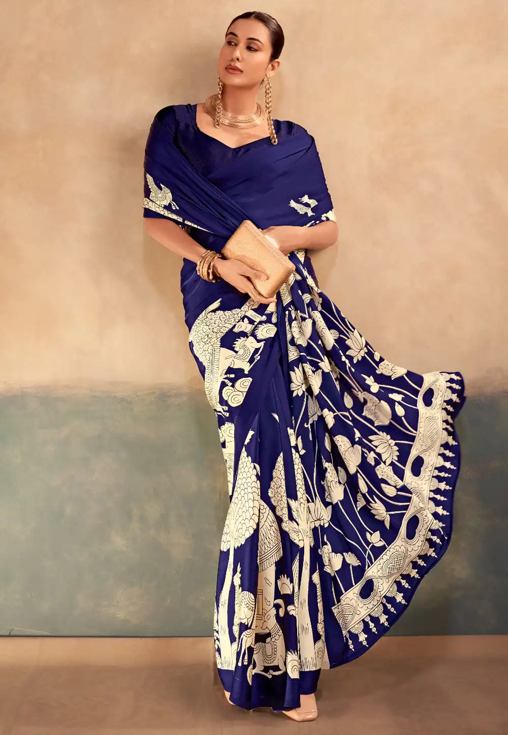 Navy Blue Satin Silk Saree With Blouse 329489