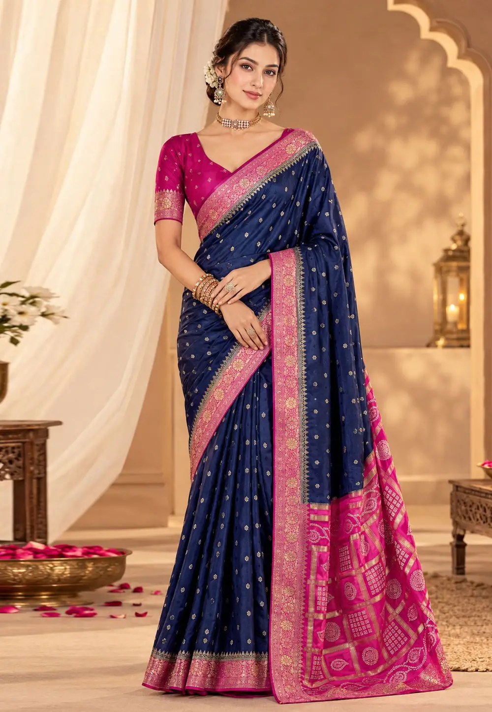 Navy Blue Satin Silk Saree With Blouse 336228