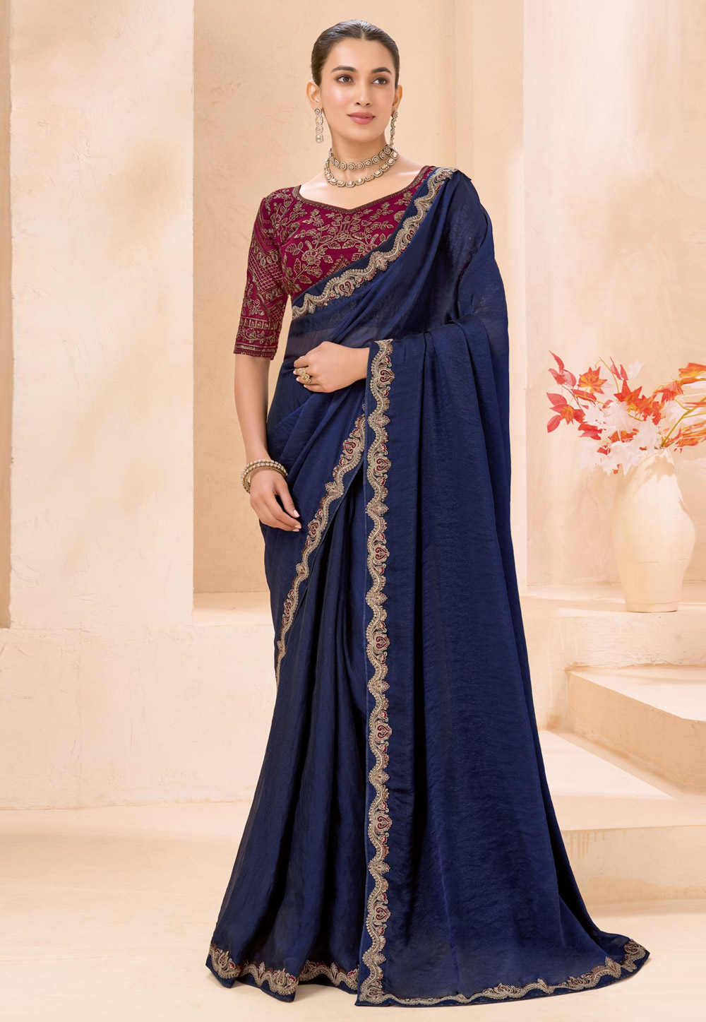 Navy Blue Shimmer Georgette Saree With Blouse 327642
