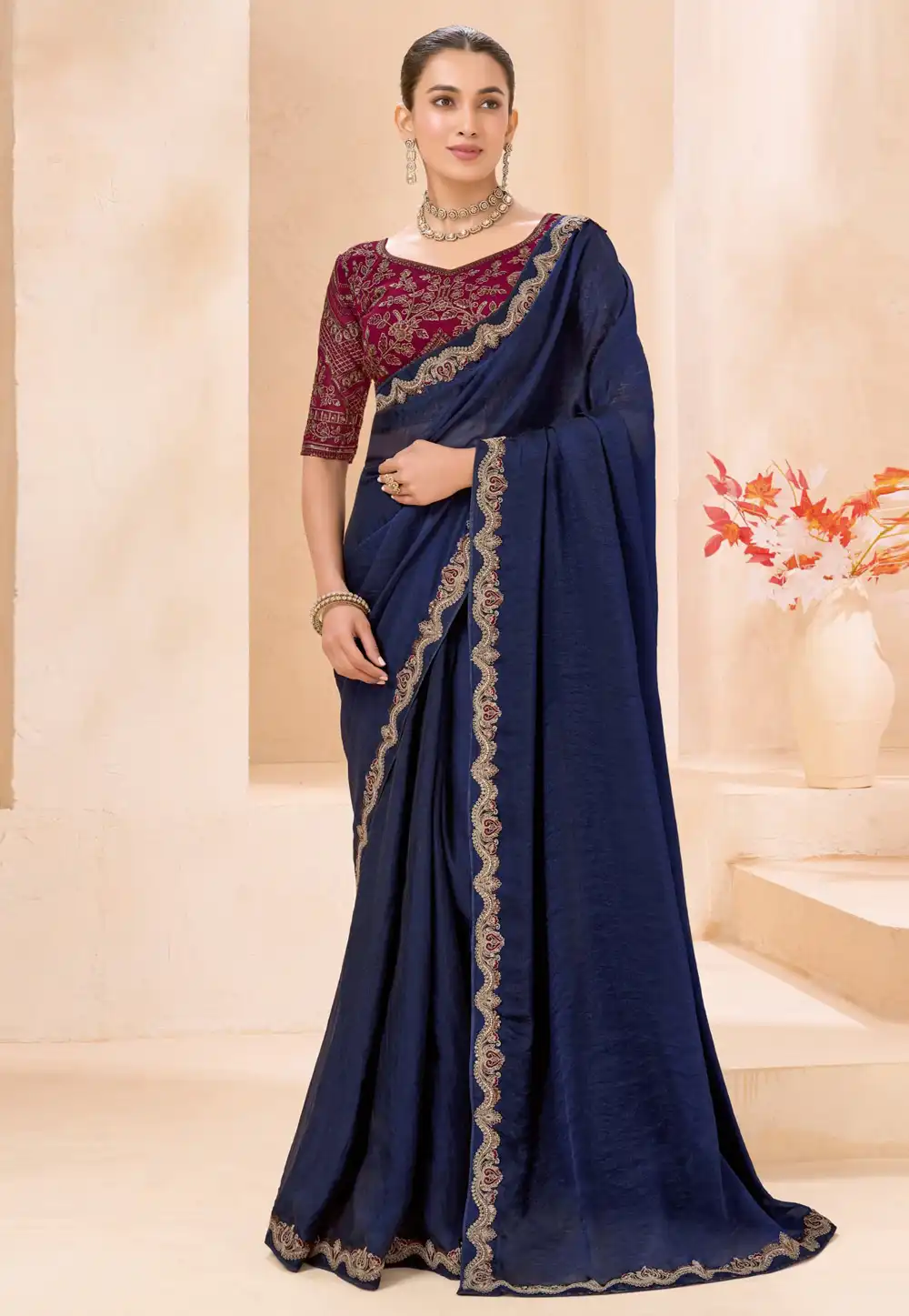 Navy Blue Shimmer Georgette Saree With Blouse 327642
