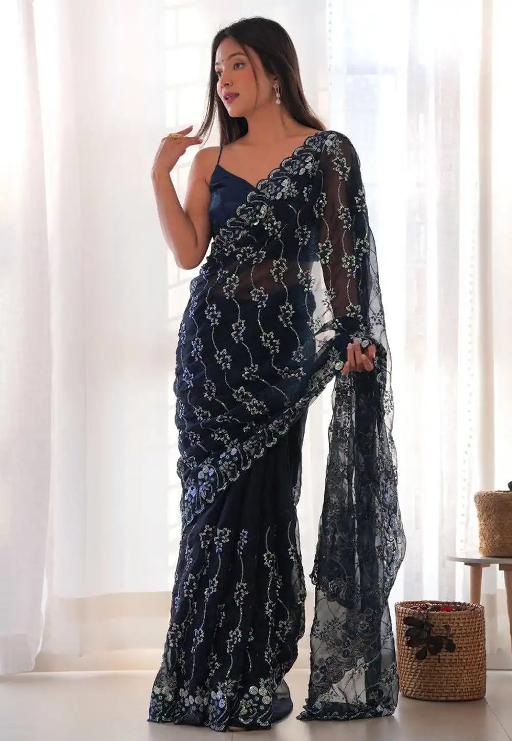Navy Blue Shimmer Sequence Saree 319604