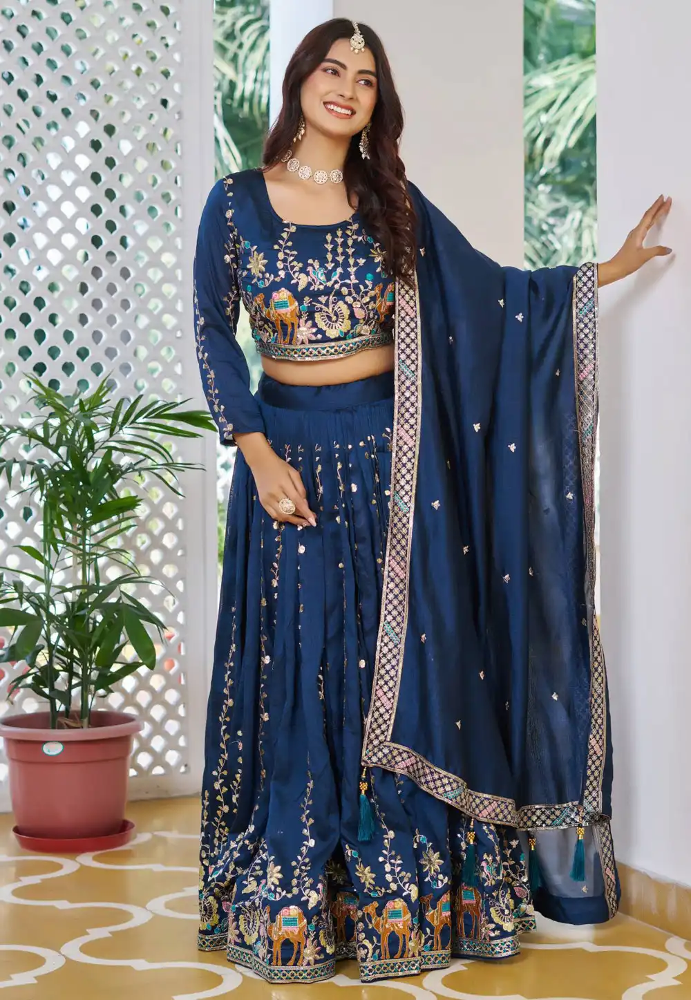 Navy Blue Silk Circular Lehenga Choli 321007