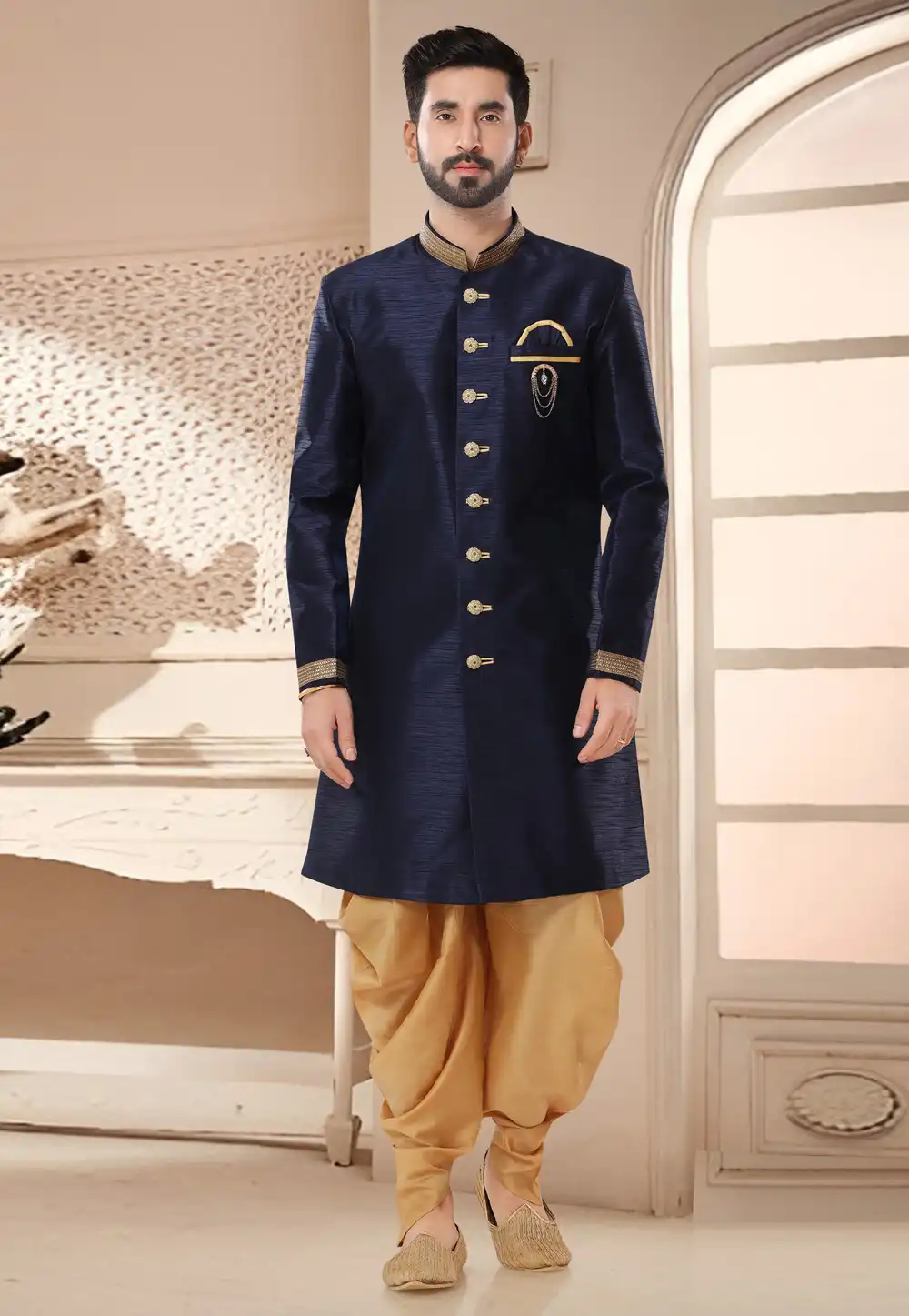 Navy Blue Silk Dhoti Sherwani 285742