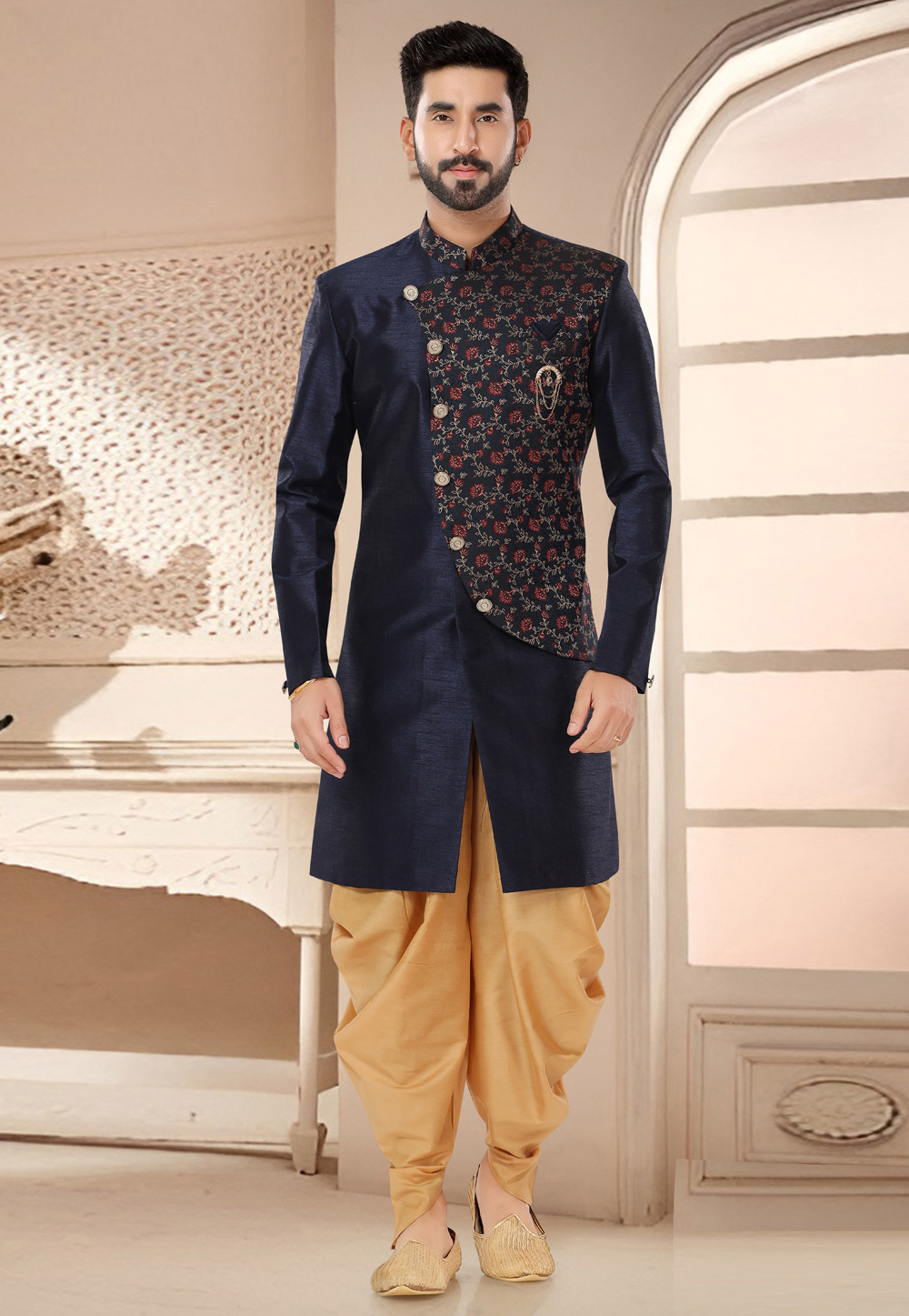 Navy Blue Silk Dhoti Sherwani 285750
