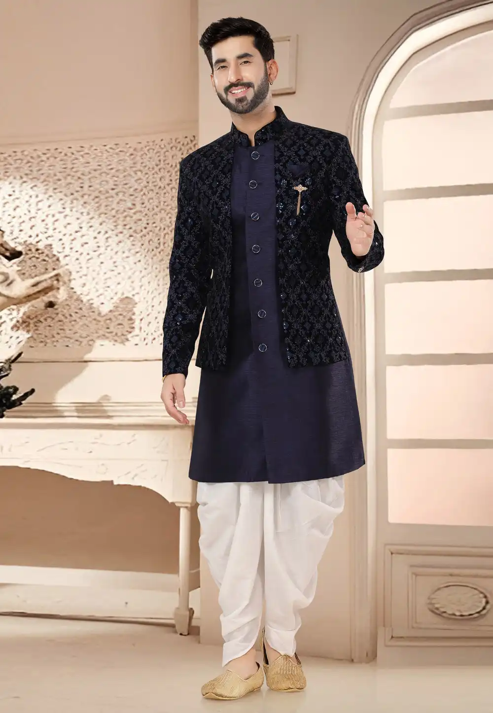 Navy Blue Silk Dhoti Sherwani 285761