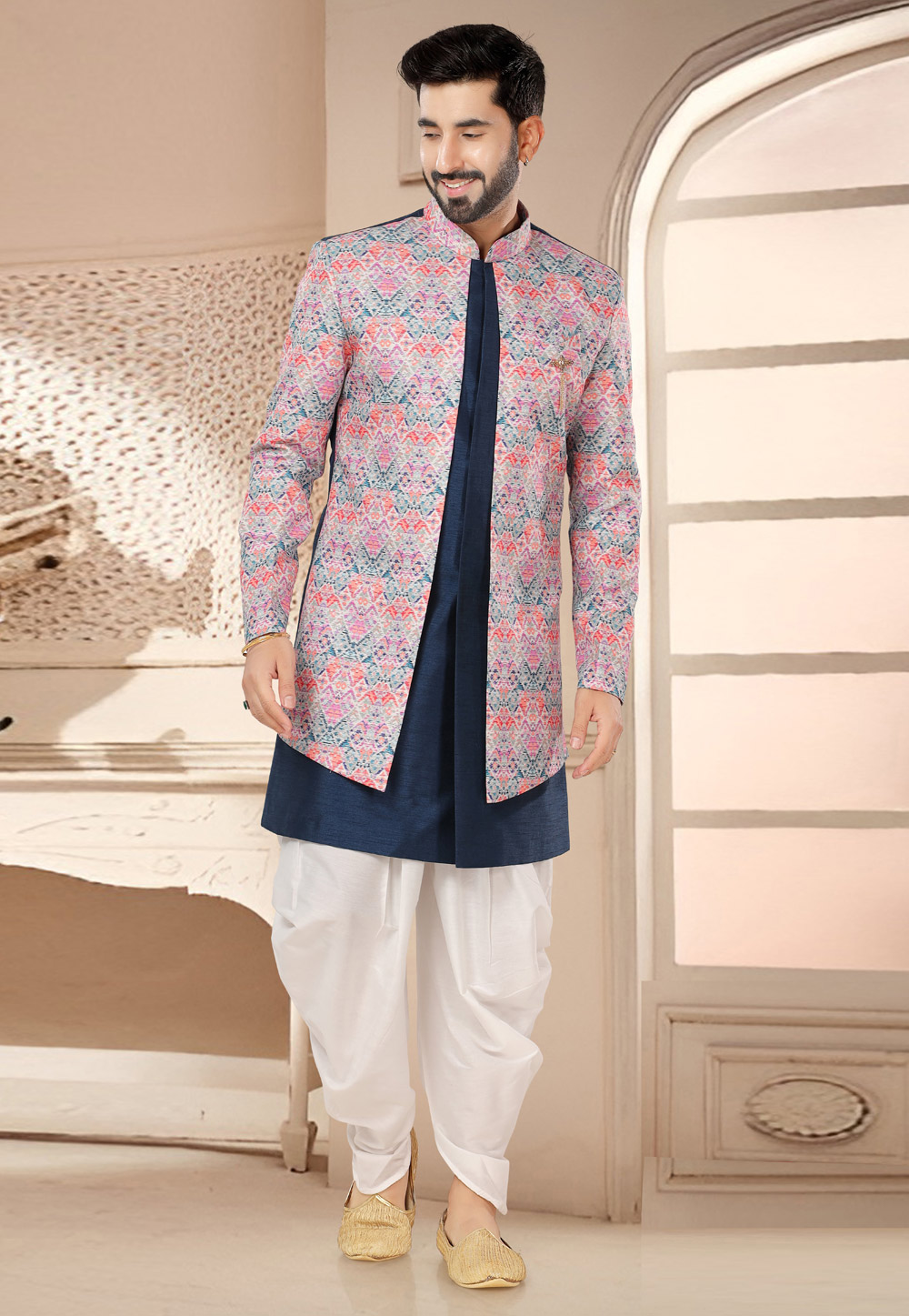 Navy Blue Silk Dhoti Sherwani 285765