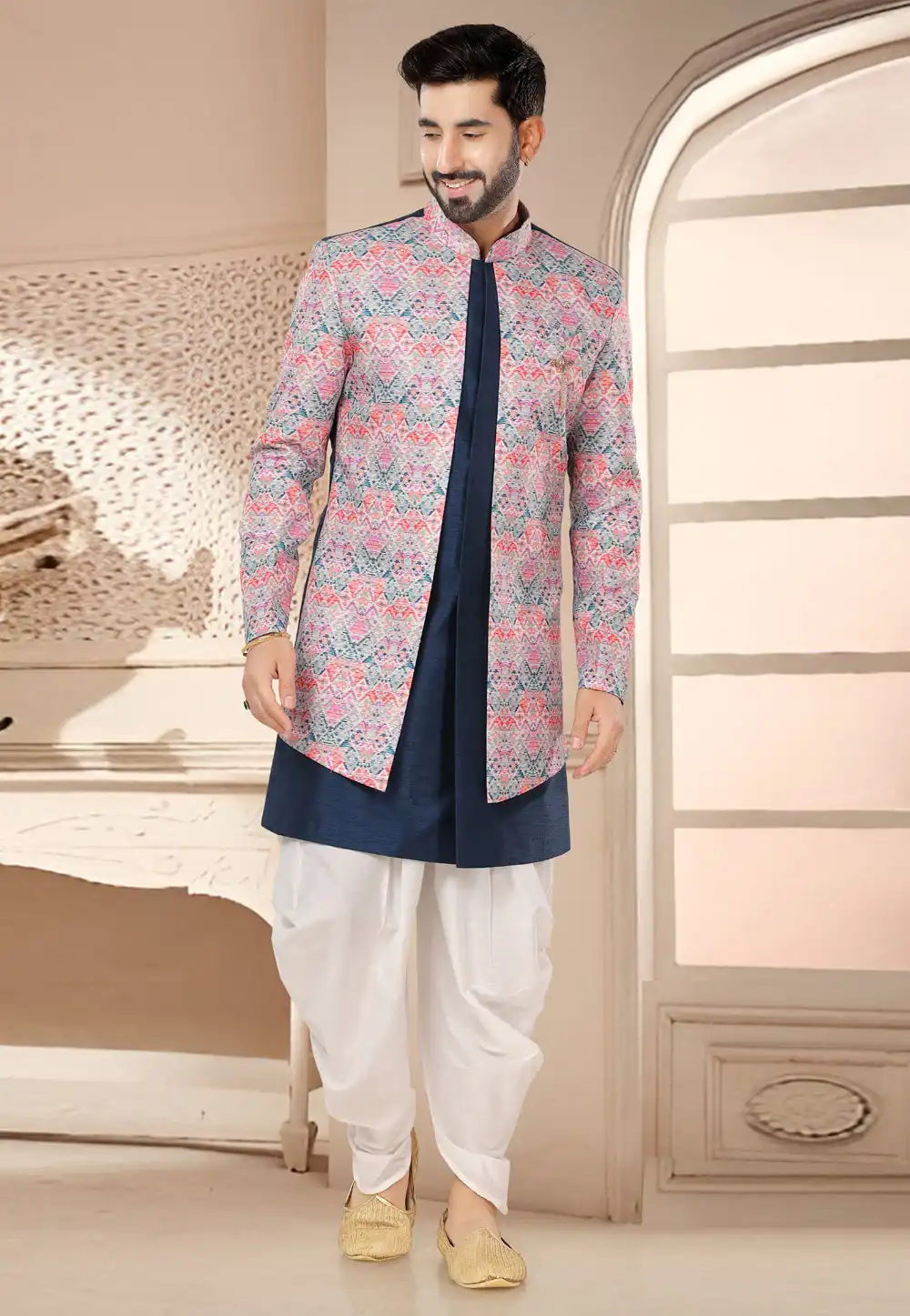 Navy Blue Silk Dhoti Sherwani 285765