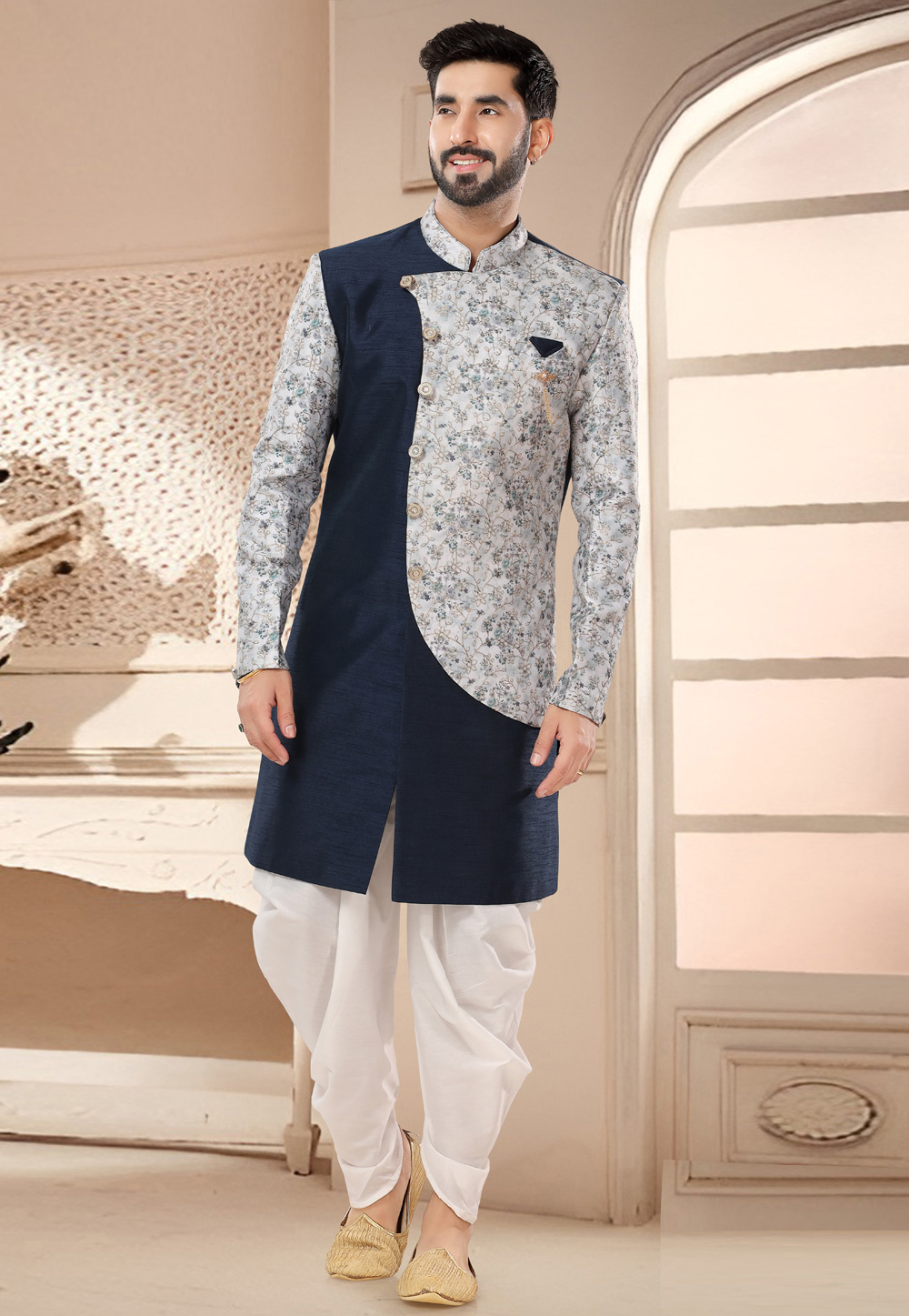 Navy Blue Silk Dhoti Sherwani 285773