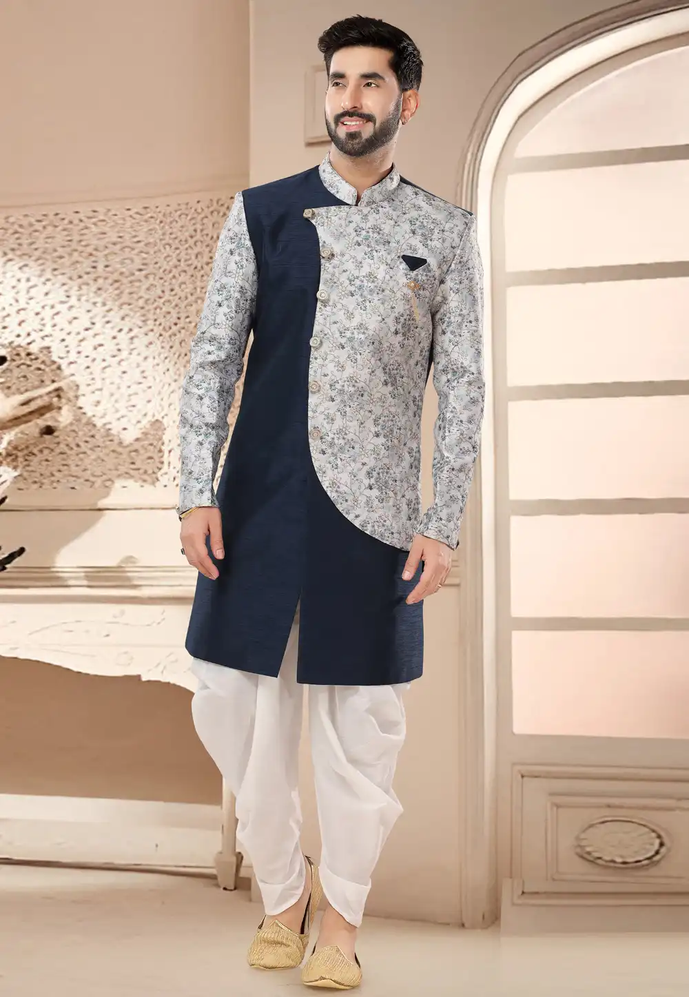 Navy Blue Silk Dhoti Sherwani 285773
