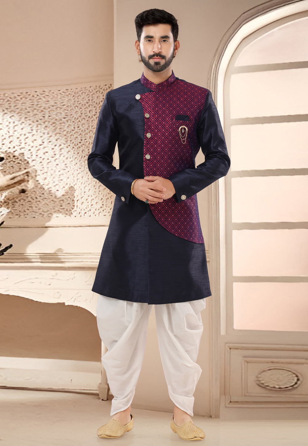 Navy Blue Silk Dhoti Sherwani 285781