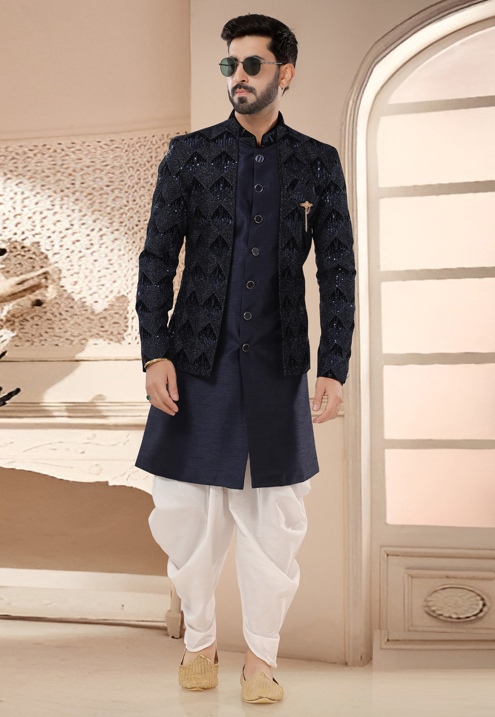 Navy Blue Silk Dhoti Sherwani 285782