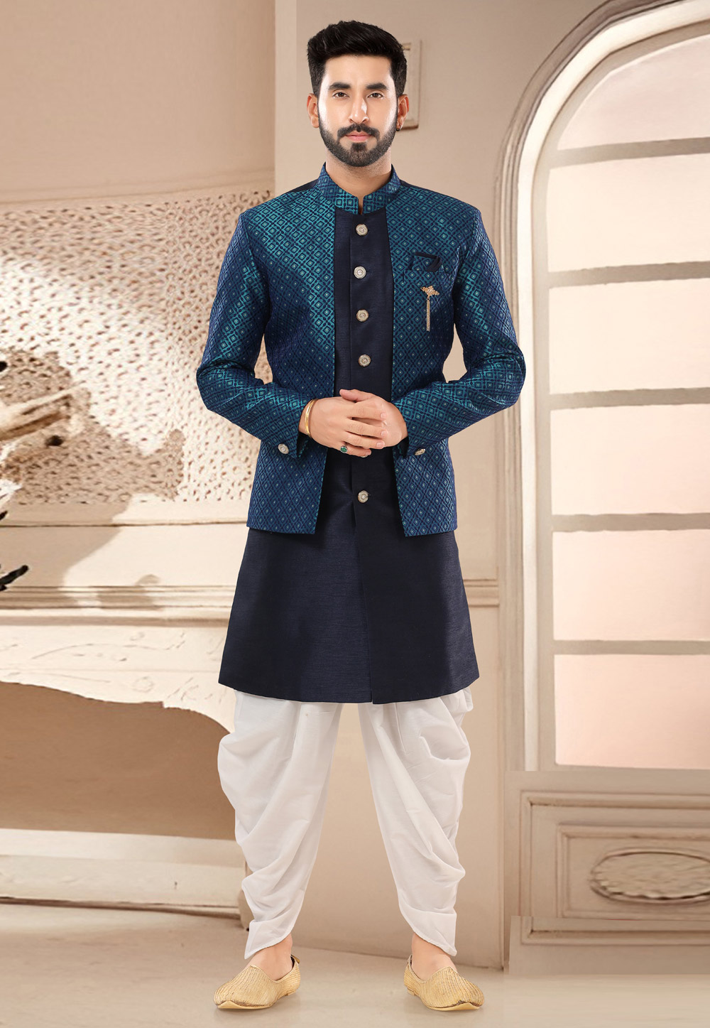 Navy Blue Silk Dhoti Sherwani 285786