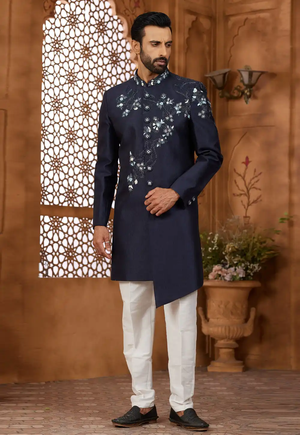Navy Blue Silk Indo Western Sherwani 306714