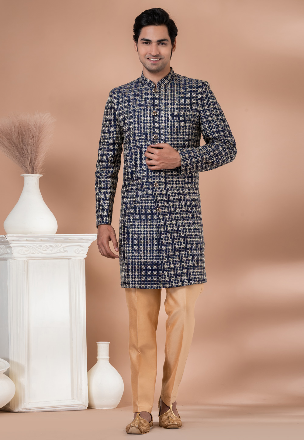 Navy Blue Silk Indo Western Suit 283144