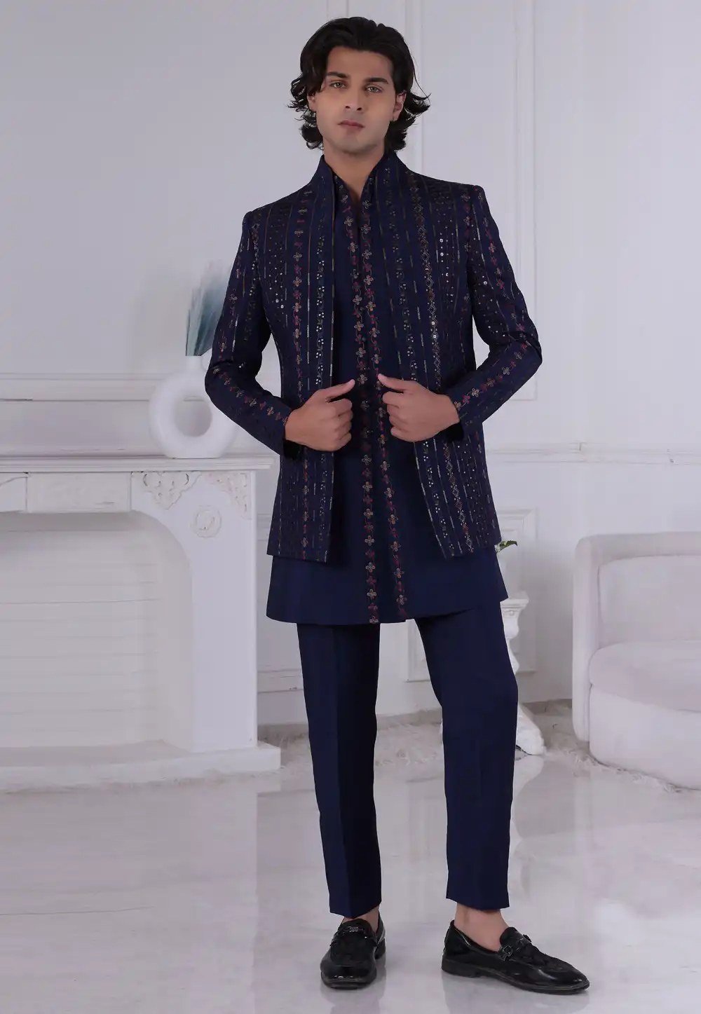 Navy Blue Silk Indo Western Suit 315004