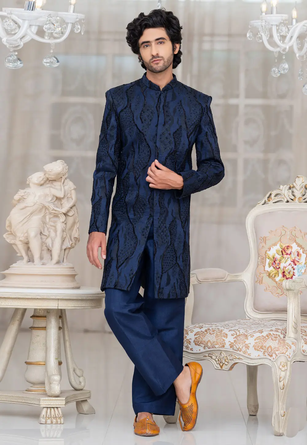 Navy Blue Silk Indo Western Suit 336508