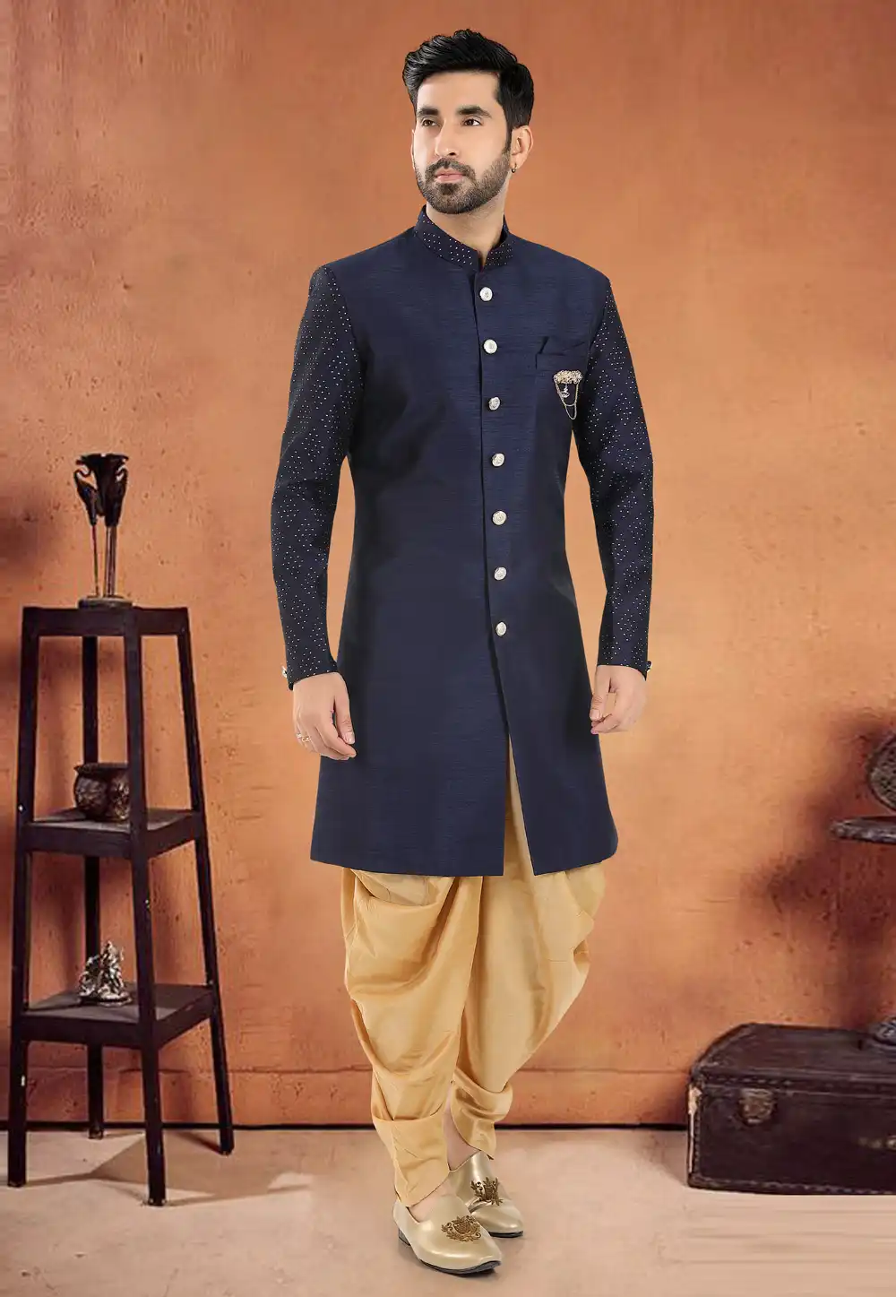 Navy Blue Silk Indo Western Suit 290595