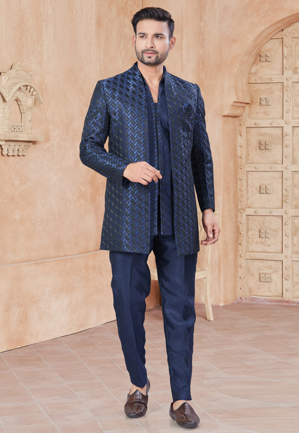 Navy Blue Silk Indo Western Suit 306683