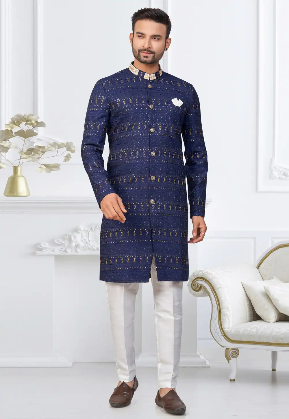 Navy Blue Silk Indo Western Suit 317880
