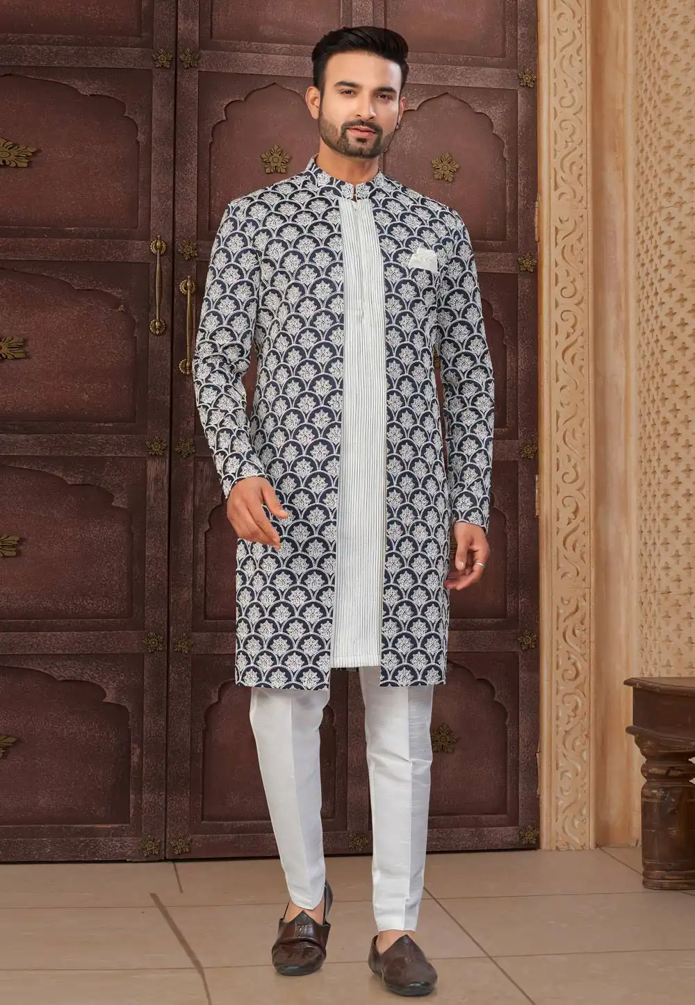 Navy Blue Silk Indo Western Suit 322897