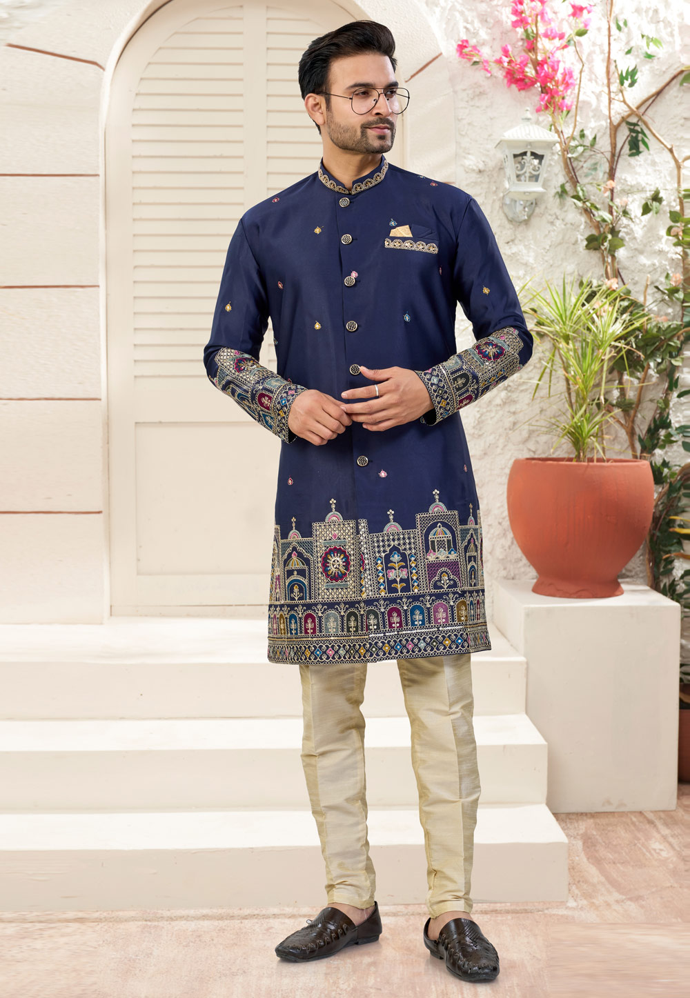 Navy Blue Silk Indo Western Suit 324615