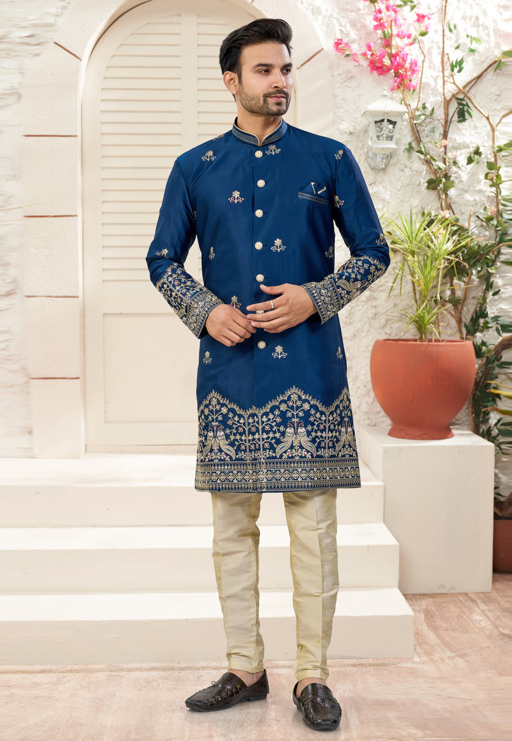 Navy Blue Silk Indo Western Suit 324618