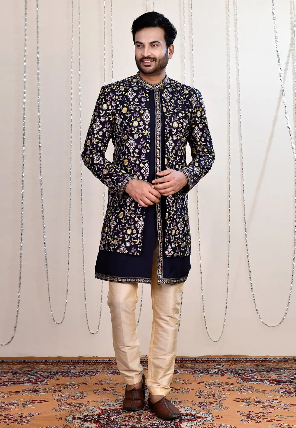 Navy Blue Silk Indo Western Suit 335266